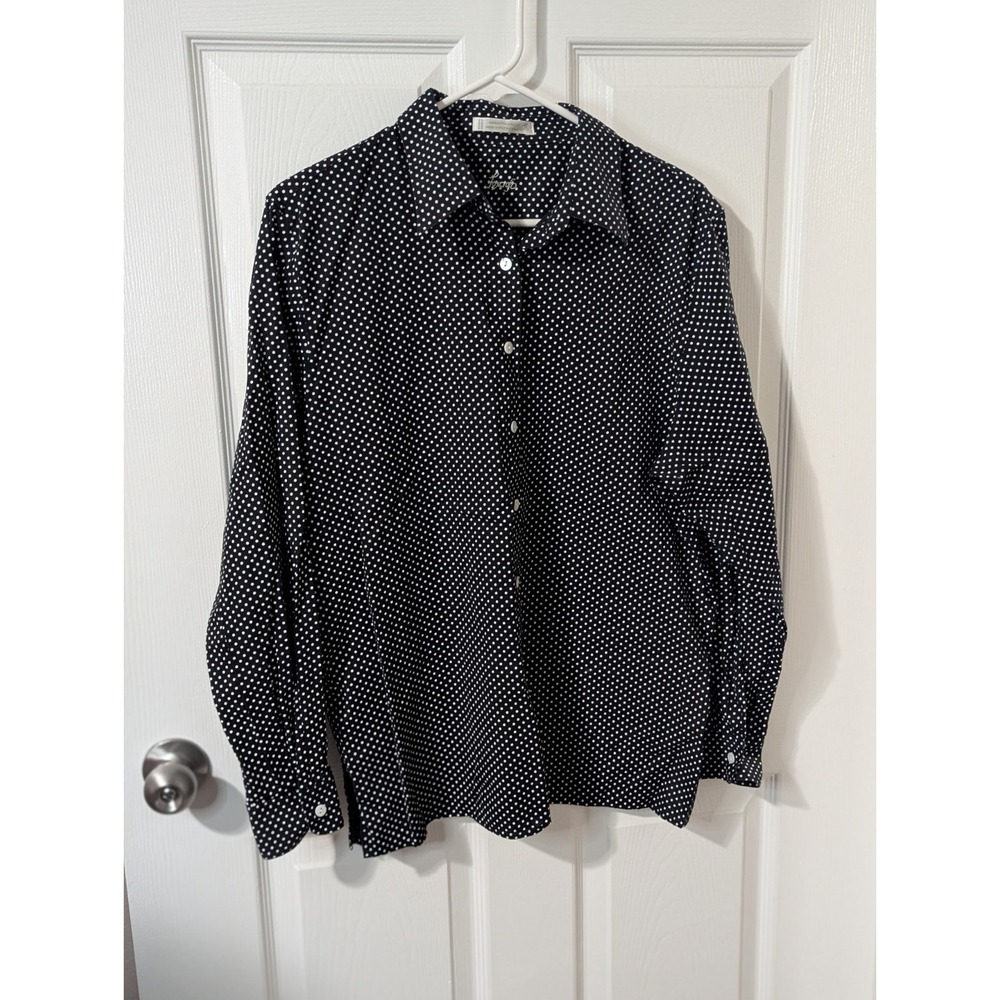 Foxcroft Button Up Blouse Women's  Size 16 Black White Polka Dots